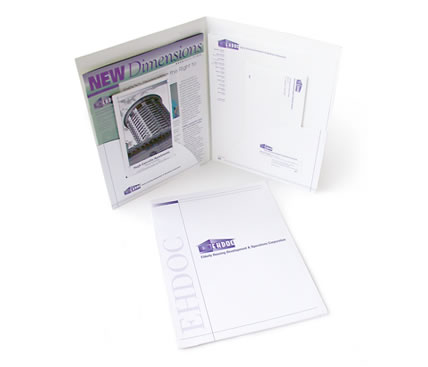 EHDOC dual pocket presentation folder containing brochure, newsletter and stationery package