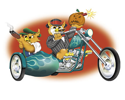 Cartoon owls riding motorcycle illustration